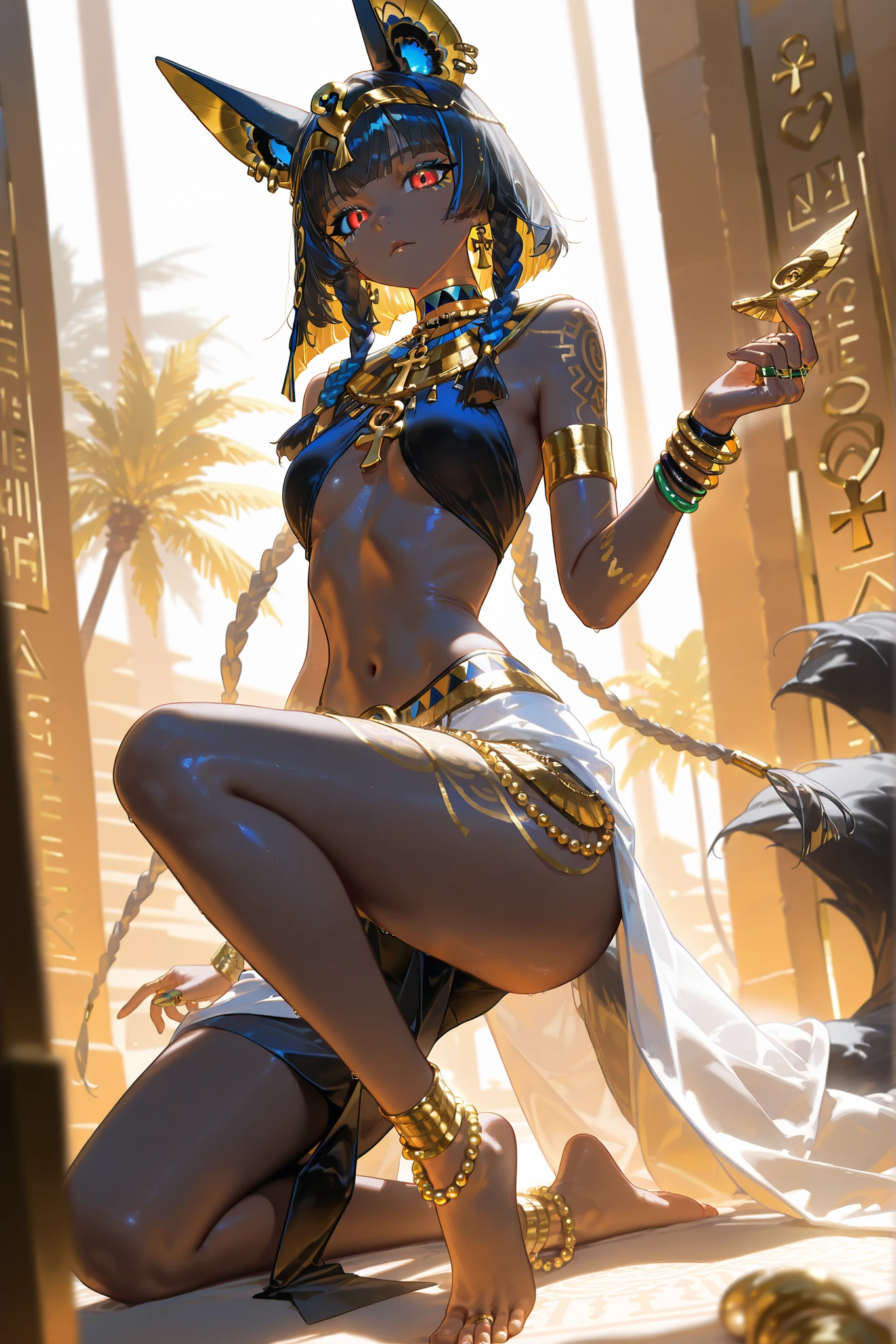 ((Benevolent ((dark-skinned Egyptian)) ((pastel goth)) goddess)) with braided hairstyle sitting in an opulent throne while holding box of cookies, wearing a beautiful pastel lace top revealing dainty navel piercing, mystic flash tattoos on arms and legs, (wearing intricate jewelry and bracelets) and tight thigh high stockings, plump thighs, cookie boxes and candy wrappers on floor, high quality photo, sitting in the middle of (dense cannabis sativa forest) during golden hour,