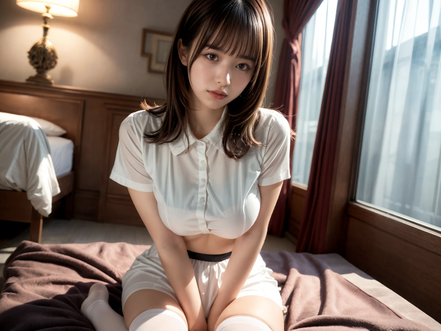(best quality, 8k, highres, photorealistic:2.0), (solo, one girl:2.0),(lighting: strong),(lighting: front),(very muscular girl:2.0),(bodybuilder girl:1.5),(shiny skin:1.5),(light brown hair color:1.5),(Bend your legs and open your thighs:1.8),(light blue blouse:1.6),(collar blouse:1.2),(long sleeve light blue blouse:1.3),((tight blouse:1.7)),(Emphasize cleavage:1.4),(barefoot girl:1.1),((open blouse button:1.2)),((Wearing Extremely erotic panties)),(wearing tiny panties:1.5),((Girl leaning on an old leather sofa:1.2)), ultimate beautiful Japanese girl, Blush brown makeup , dark eye makeup ,pink lipstick,(big eyes girl:1.3),(lightly clenched right fist on the tip of chin:1.8),(She grabs her thigh with her left hand and spreads her legs:1.8),(Navel is visible),(girl with open mouth:1.4),(Drooling and sucking gesture:1.3),(A girl who enjoys showing her panties to her viewers:1.8),((shape of erect nipples appears on the surface of the blouse)),(Girl commands male viewer to masturbate:1.3),(The eroticism of a very elegant woman:1.5),(she wants the viewer's cum),(She urges viewers to cum quickly:1.3),(Reproducing the scene of grabbing the viewer's penis with his hand:1.2),(Feeling superior to a sexually aroused viewer),
