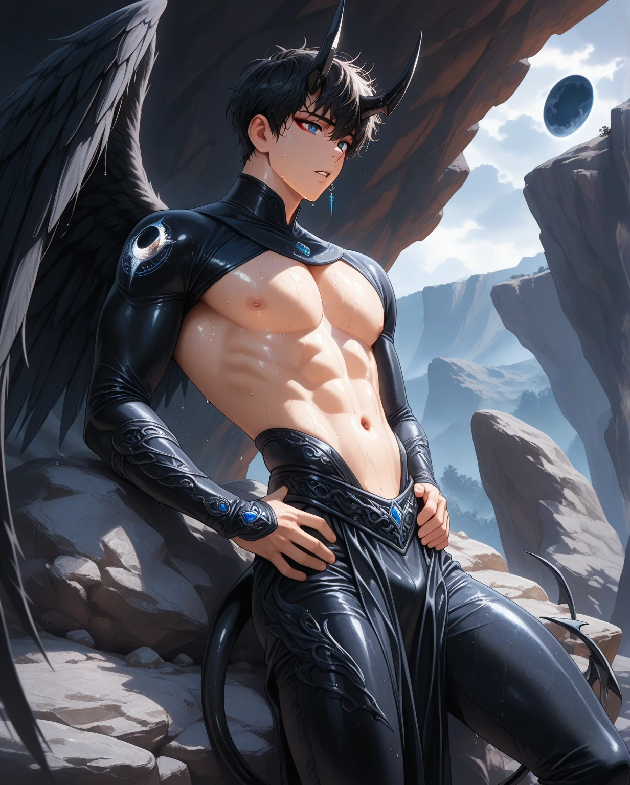 minotaur, 1boy, multiple characters, black hair, space, flacid penis, armor