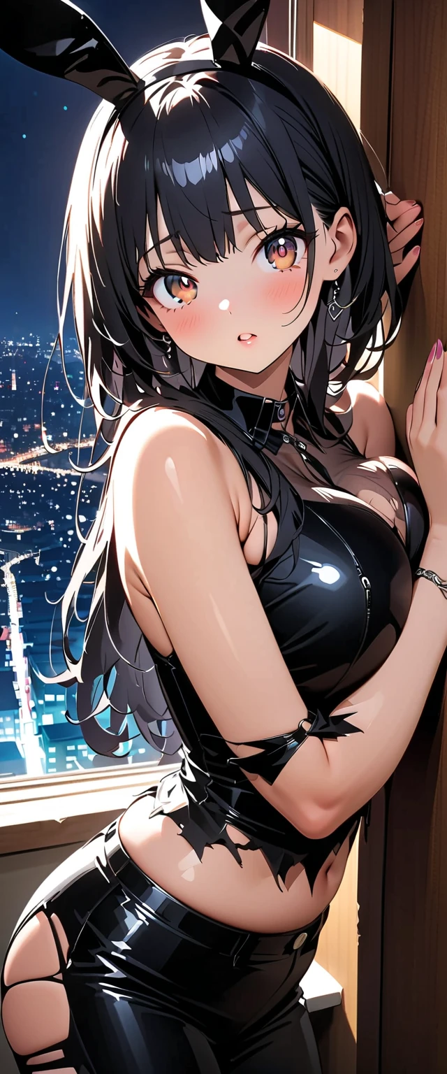 Hotel with a great night view, Highest quality, shape, Very detailed, In detail, High resolution, 8k wallpaper, Perfect dynamic composition, Beautiful details, Natural Lip, Cute underwear revealed , Big Breasts, Cleavage, She was handcuffed、Has a troubled look on his face., A masterpiece of the whole body,