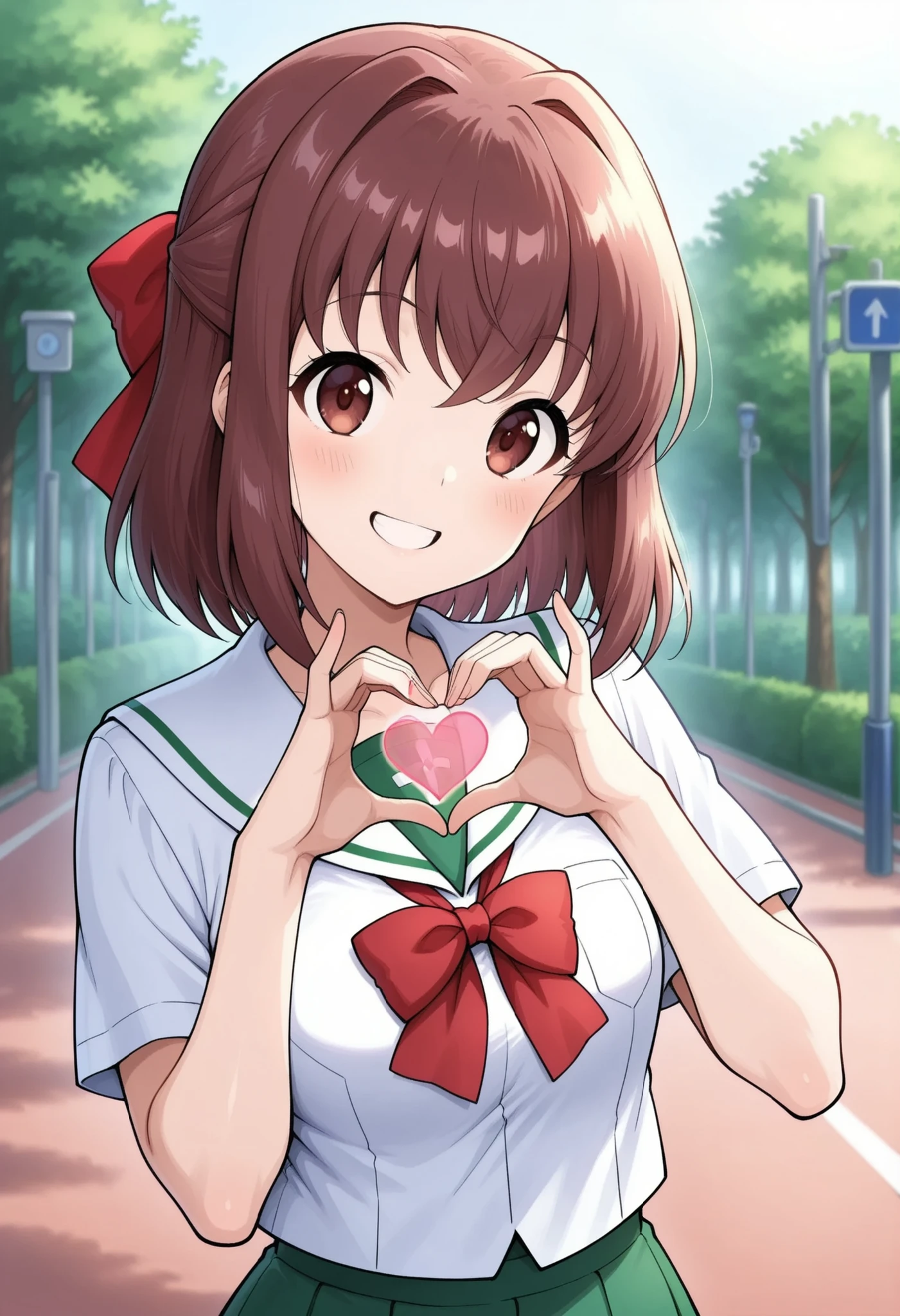 high resolution、Highest Quality、Highest Quality、shot from the front、is laughing、one girl、solo、 Taeko Kondo 、smile、reference to absolute center 、reddish brown beautiful eyes on hands and chest、 shiny brown hair on hands and chest , short hair ,red ribbon、 ( beautiful brown eyes )、 very detailed face, meticulous eyes, masterpiece , Oarai Girls'' school uniform、white school sailor uniform、green skirt、cowboy short、 finger heart ,(((heart hand))) , blush