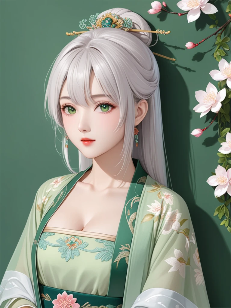 1girl,(((mature female))),chinese style, ancient china, sister,plum blossoms,((Green walls)),alling flower petals,(upper body, half body shot, caring), front shot, {best quality}, {{masterpiece}}, extremely detailed 8K wallpaper, {an extremely delicate and beautiful}, colorful, intricately detailed, Realistic, real, camera quality, (detailed depiction of clothes), cool white skin, (detailed depiction of blush), 1080p, sun, smooth light white hair,bright and silky skin ,super fine illustration, beautiful eyes, very fine light, fine glow, Hanfu,ru_qun，(closeup cleavage)，
