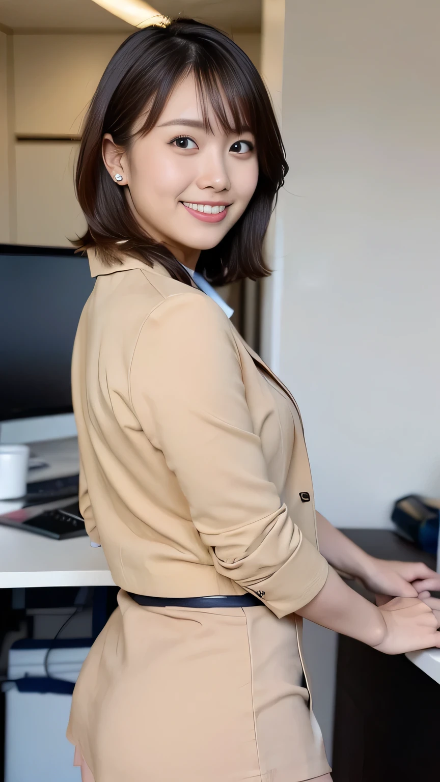 masterpiece, photo quality, (high res pics:1.4), Japanese woman in a business jacket, Cotton Tight mini Skirt, Beautiful skin-colored thighs, Up Hair, smile, dull eyes, gentle eyes, bungs, office, detailed eyes, detailed expressions, Rear View, looking back at viewers, smile, detailed eyes, perfect lighting, Thighs