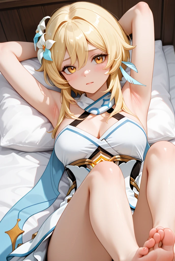 score_9, score_8_up, score_7_up, high quality ,masterpiece ,best quality ,Lying face up on the bed,In the bedroom,girl ,Cute Face, Poke out your lips,((Feeling embarrassed)), large breast ,blond hair ,Beautiful Skin, character_Lumine_Genshin Impact, Stick your ass out ,手を前に出す
