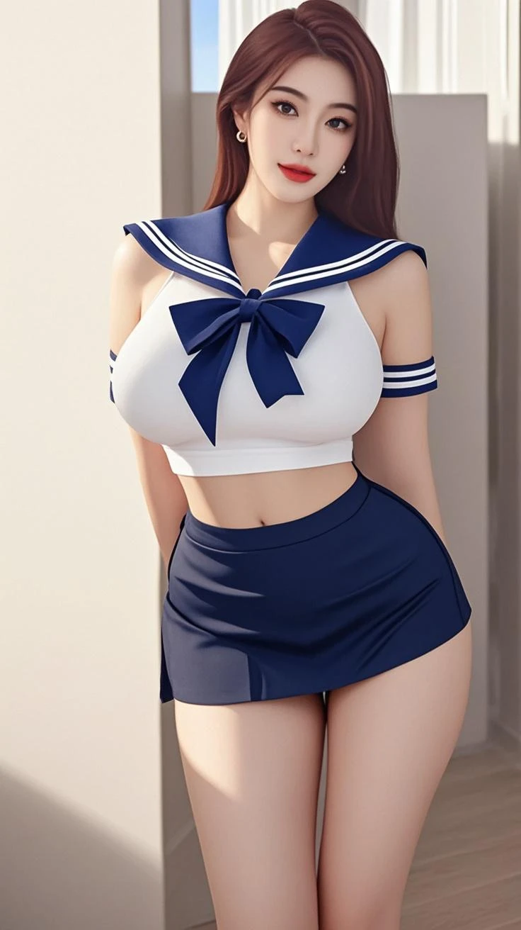 raw photo, dynamic pose, messy hair, 1girl, pale skin, delicate face, intricate details, (sailor uniform, shorts), huge breasts, (small waist, (wide thigh gap):1.2), ((wide legs):1.3), white background, masterpiece