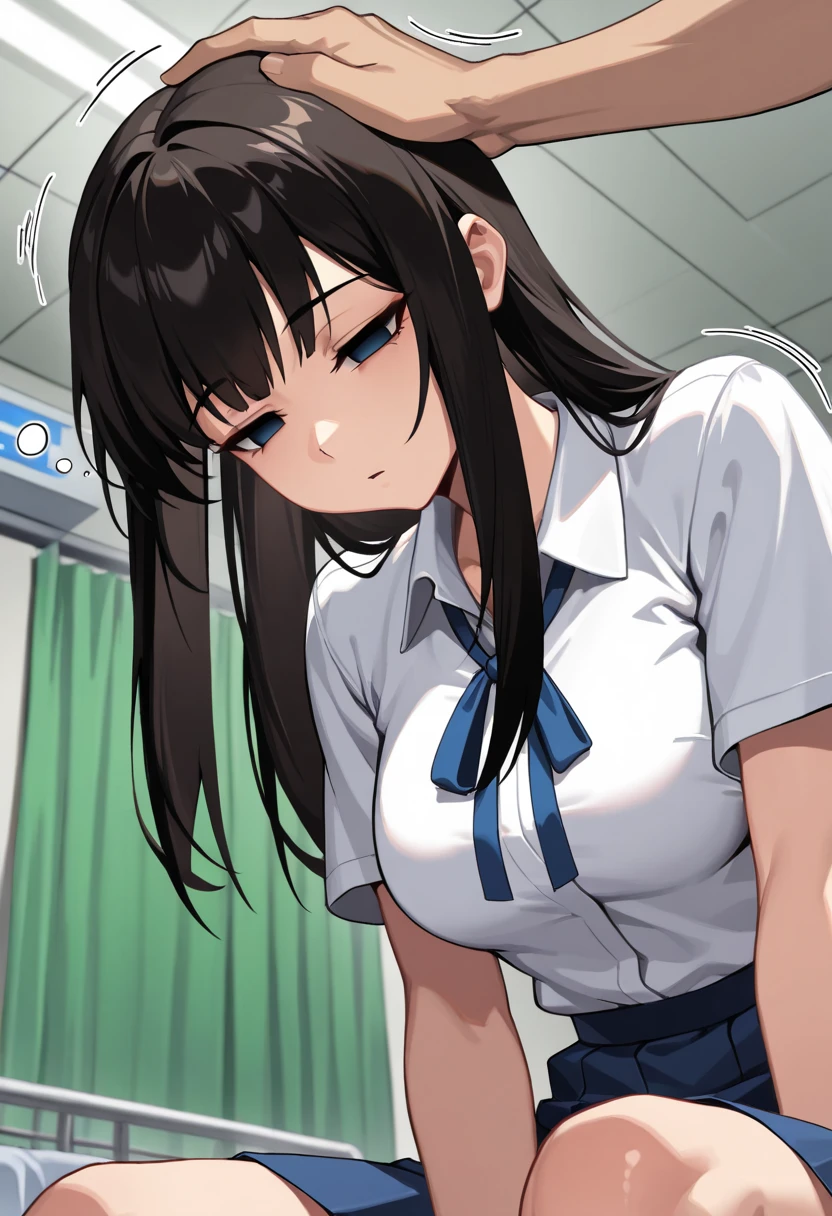 high quality, masterpiece, Super detailed, 1 girl, detailed face,white nurse uniform,Nurse gloves,nurse cap,BDSM,handcuffs,collar,calm expression,bright red lips,Smile,handcuffs,collar,long black hair, charming pink eyes, fox ears, Ridiculously big, shiny skin, Detailed legs,sitting on hospital bed,hospital background,hospital ward