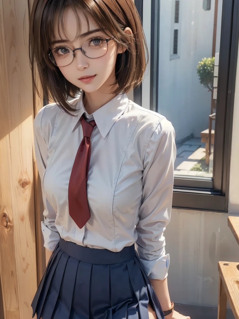 （in 8K、Raw photography、top-quality、​masterpiece：1.2),watching at viewers,Looking at the front,Tie a side ponytail、Hang your hair on your chest.,Bullish,Muchimuchi,Erotic,Pupils,Light Blue Bra,de pele branca,kne,absurderes,a small face,small tits,flat breast,Parting the bangs from the middle、Forehead visible,(A smile,Tight eyes,skinny,Rasping)、​masterpiece,top-quality、超A high resolution,Raw photo,ren,Beautiful fece,One Person, 独奏,eye glass,,Dark look,Small breasts,fullllbody,Round glasses、cute little、Back to Student,JK school uniform,hi-school girl,Korean Idol,is standing,（Photorealsitic：1.37）、Photon mapping,Realistic、Cute little face,Brown-eyed、Black socks、(Red bow tie)、Radio City、Physically Based Rendering、Foreground、depth of fields、Blurry background、a picture,The girls、Body,beauty legs, Long legs, Thin leg,Tie your hair into one strand on your chest,(Bangs are visible), hair, s lips, Blue_The eye, nosesoft,(Light blue shirt), (Plaid pleated skirt), Knees are visible,Sheer clothing,, Thigh, Black cotton socks,Nogizaka Idol, 女優, sit down and open legs、Exposed underwear