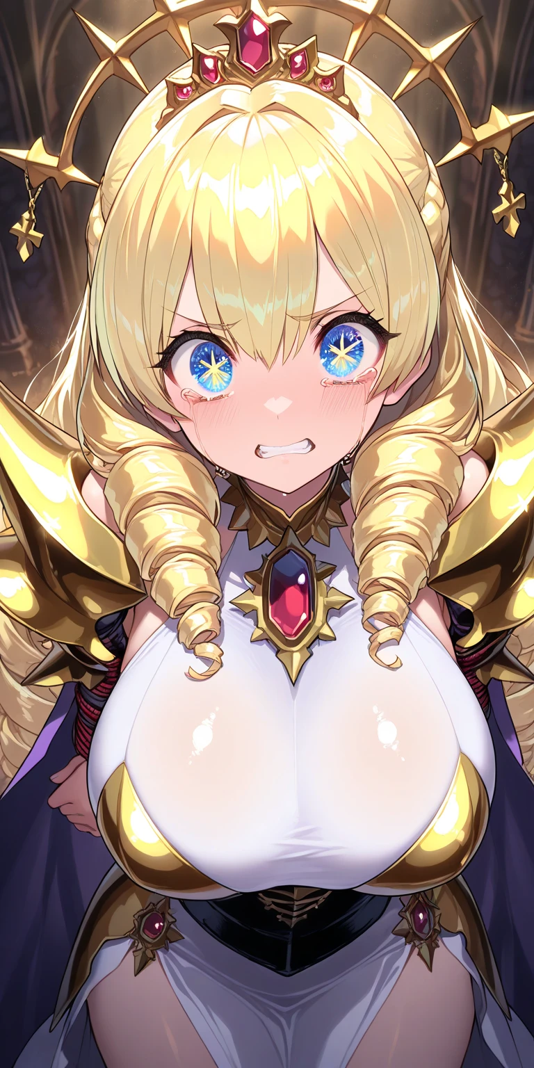 masterpiece,Soul Land_Qian Renxue ,best quality,Soul Land_Qian Renxue white dress, gigantic breasts,muscle,in dungeon, looking at viewer, cowboy shot,golden hair, curvy, blue eyes,fog,drenched in sweat,pink cheeks,shiny suit ,smile without opening her lips,goden light,balanced eyes,plump body,jewelry,Detailed fingers ,round breasts,perfect face,armpit show