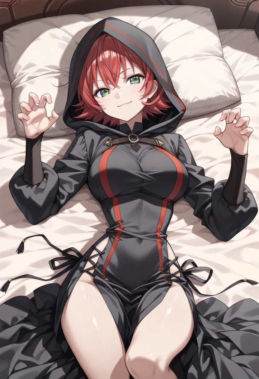 realisitic、top-quality、((One Woman:1.5))、on the beds、straddling with open legs、Kneeling、Looking at the camera、Red hair、a short bob、red eyes、inside in room、Medium chest、Red hoodie、Larger hoodie、No underwear、exposed pubic hair