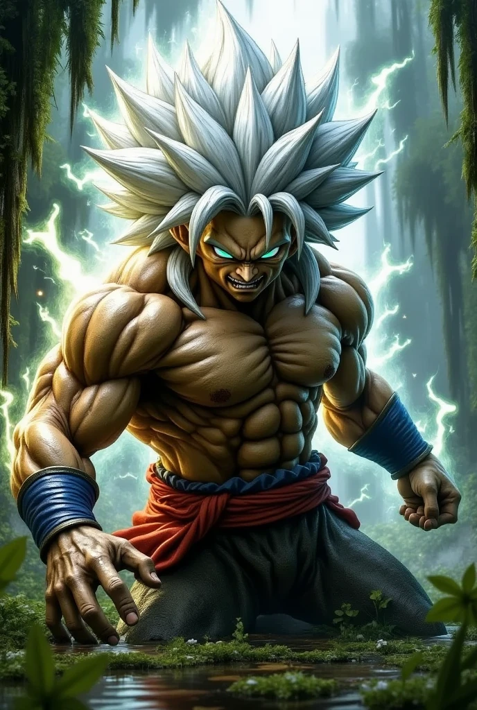 Goku as angry Hulk standing in the rain with Orange clothes, white hair and green skin collecting his power and strength , lightning in the background, highly detailed, hq 4k wallpaper, wallpaper 4k, futuristic style, wallpaper 4 k, highly detailed 4 k art, 4 k hd wallpaper very detailed, marvel art
