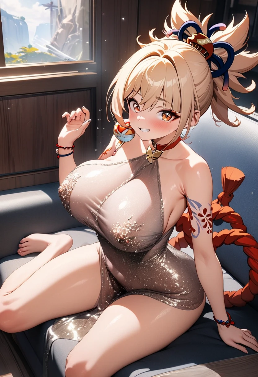 masterpiece:1.2, best quality), realistic, (real picture, intricate details, depth of field), (1girl, solo), make up, parted lips, highly-detailed, perfect face,
(huge breasts:1.8), (skindentation), thick thighs, wide hips, attractive waist, tall, glossy coral lips,
(twintails honey blond hairs:1.2), (beautiful bright coral orange eyes),
sexy, blushing, Massive Cleavage, Disproportional , hanging breasts, Queen, Crown