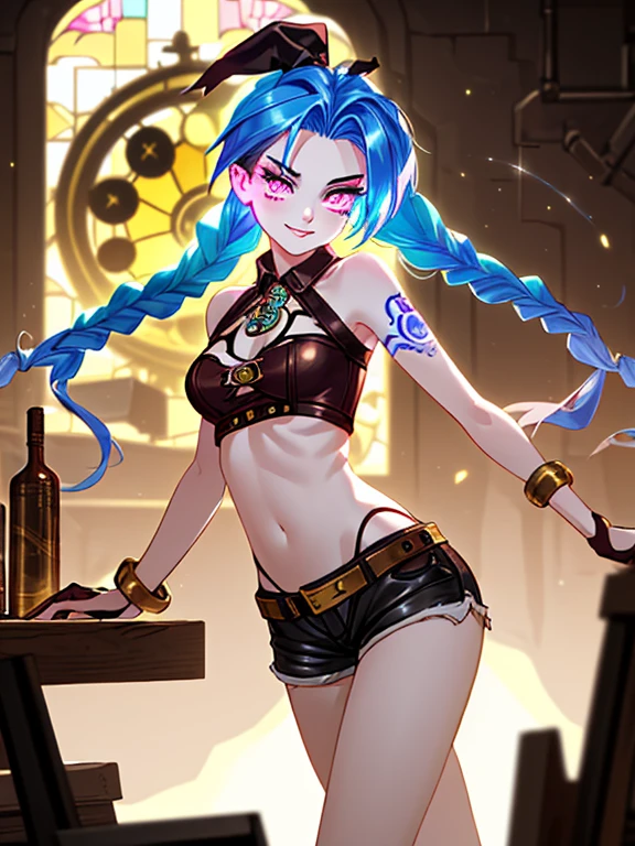 jinx, arcane, jinx personaje de League of Legends, long neon blue hair in braids, Perfect small breasts, scantily clad, underwear, Sex Woman, perfect hands, double hair braids, Braided hair, Minipistola, Juxtaposition of light& shadow, moody, intense, feroz, cinematic lighting, rake light, Long luminous shadows, high quality, smiling while holding a shark-shaped rocket launcher, anime style face, perfect body.