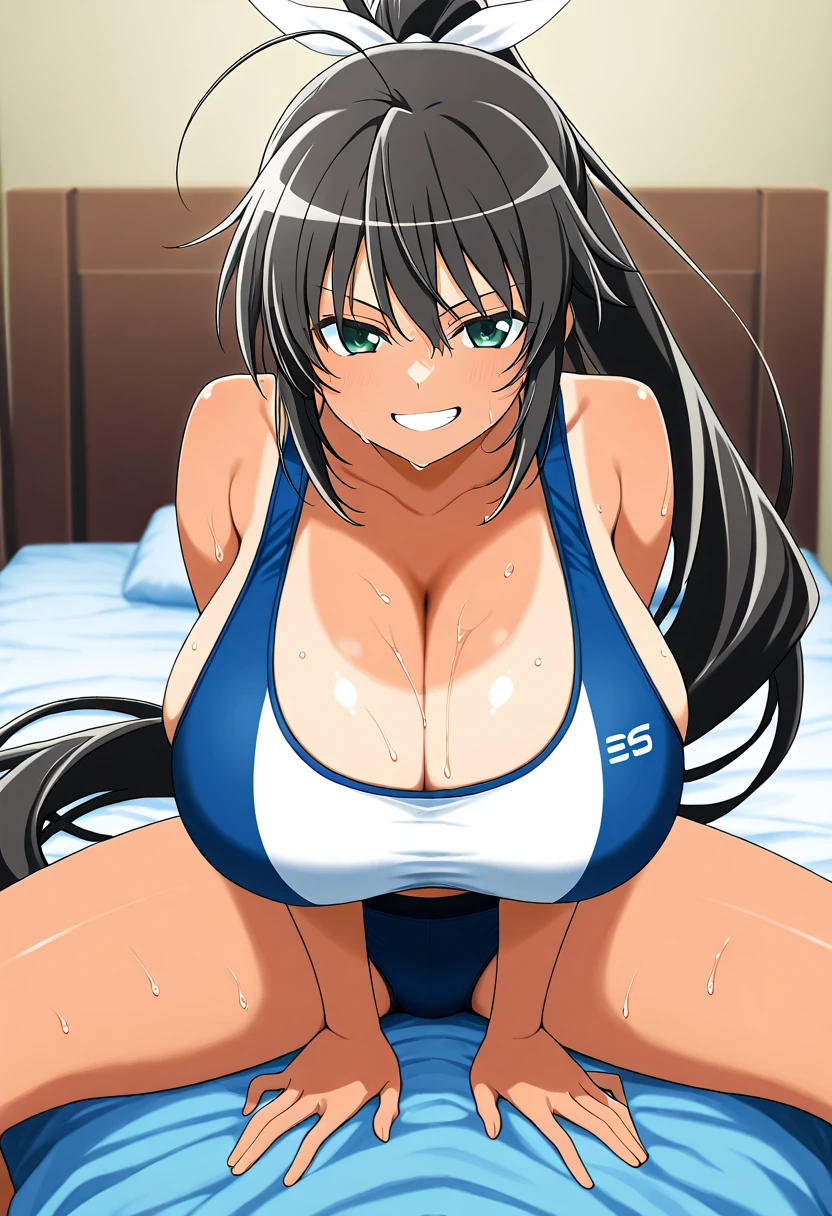 (masutepiece, Best Quality, High resolution, anime colours, megami magazine:1.2, anime poster style, anime keyvisual, sharp, 8k, photorealistic), (beautiful eyes:1.5, beautiful face), Kotegawa Yui, 1girl, solo, Cute, blush, (Long Black Hair), (sagging large breasts), (white onepiece swimsuit), cleavage, (arm behind back, cowboy shot), (Perfect detailed Anatomy, beautiful detailed hair, perfect detailed body:1.2, shiny skin), (thick outline, Beautiful outlines, black outlines), simple background,