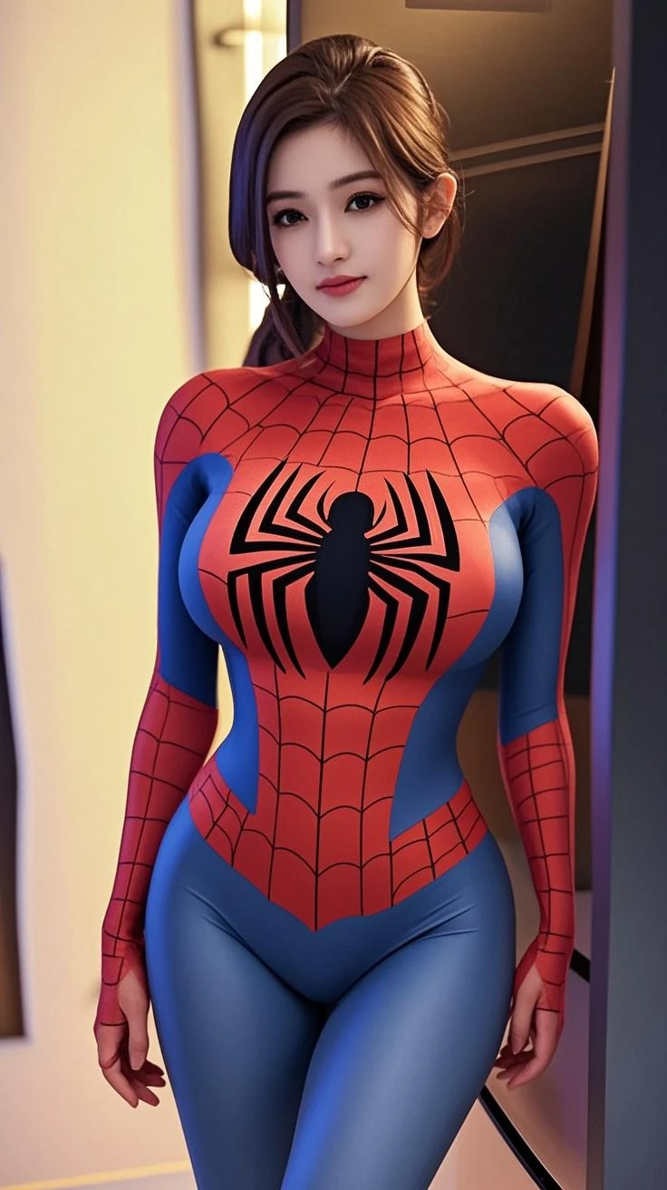 Emma Stone in a spider-man suit, (spiderman costume mini skirt :1.1), sexy, belt, deep neckline, short hair with bangs, cheeky smile, in new york, shot on dslr, detailed face, big hips, amazing body, amazing legs, cinematography, maximum details, neutral colors, hdr, muted colors, soft cinematic light, insane details, intricate details, hyperdetailed, Best quality, masterpiece, an extremely delicate and beautiful, extremely detailed, CG, unity, 2k wallpaper, Amazing, finely detail, light smile, highly detailed CG unity 8k wallpaper, large file size, ultra-detailed, high resolution, highly detailed, 1 girl, sexy body, huge boobs, (brown hair), focus sharp, looking at the viewer, sharp focus, face close-up.