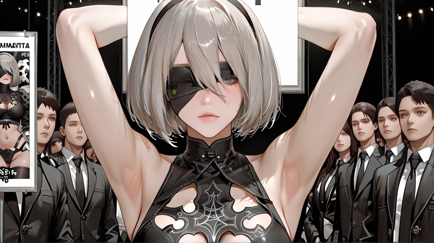 yorha 2B, Nier automata, (black visor, yorha visor), mature woman, white hair, mature body, kneeling, looking up at viewer, tongue out, mouth open, front view, above view