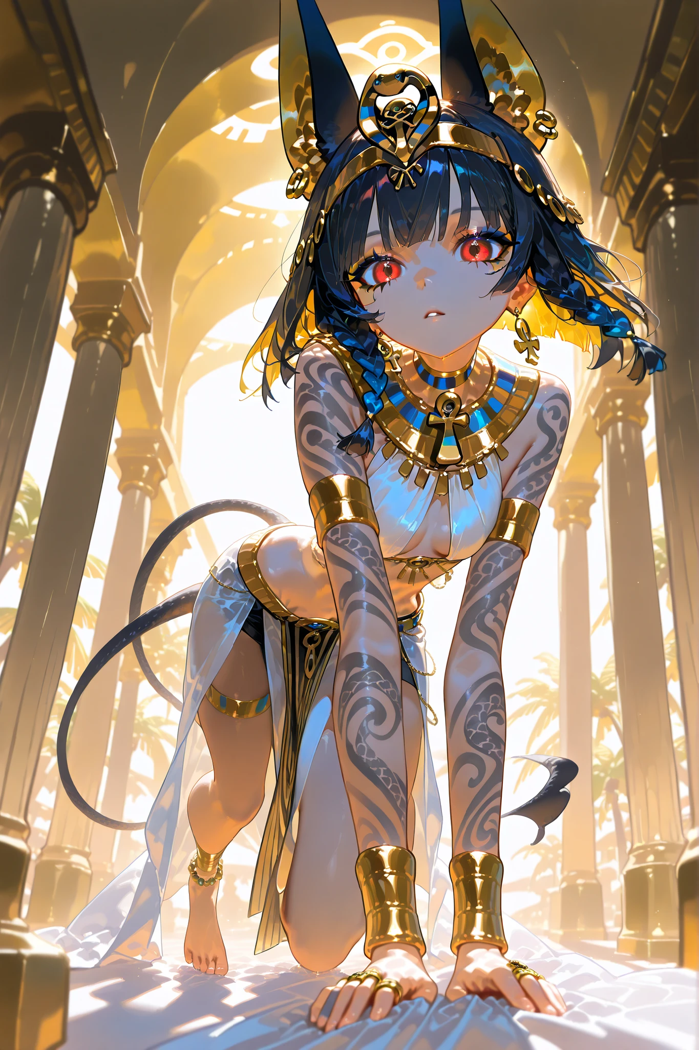 (High quality CT,4K,High resolution,main part:2.3),Very detailed,realistic:1.37,Best quality,masterpiece, high resolution,on_body, Tyndall effect,photorealistic, edge lighting, Two-color backlight,(high definition of skin:2.3), (8K UHD, DSLR quality, soft lighting, high quality, surround lighting, sincere, de 8K , 4k, 8K.) An Egyptian princess. A girl with an elegant slim build, a narrow waist, and small almost flat breasts. She has white skin with Egyptian tattoos. She has red eyes. She has Egyptian makeup: blue eye shadow, black Egyptian eyeliner. She has a black Egyptian square wig on her head, consisting of many braids decorated with gold beads. On her head she wears an Egyptian tiara with a snake and lotuses. She is wearing a white Egyptian tight Kalazaris dress. on her neck she has a wide collar consisting of many rows of gold beads made of colored Egyptian gold. She has ankh-shaped earrings in her jackal ears on her head. She has gold rings on each finger, and rows of gold bracelets on her wrists and ankles. She's barefoot. she has black tail with gold jewellery. IN the background: an Egyptian temple surrounded by an oasis.blooming palm trees, blooming tropical flowers. Egyptian pyramids, desert.