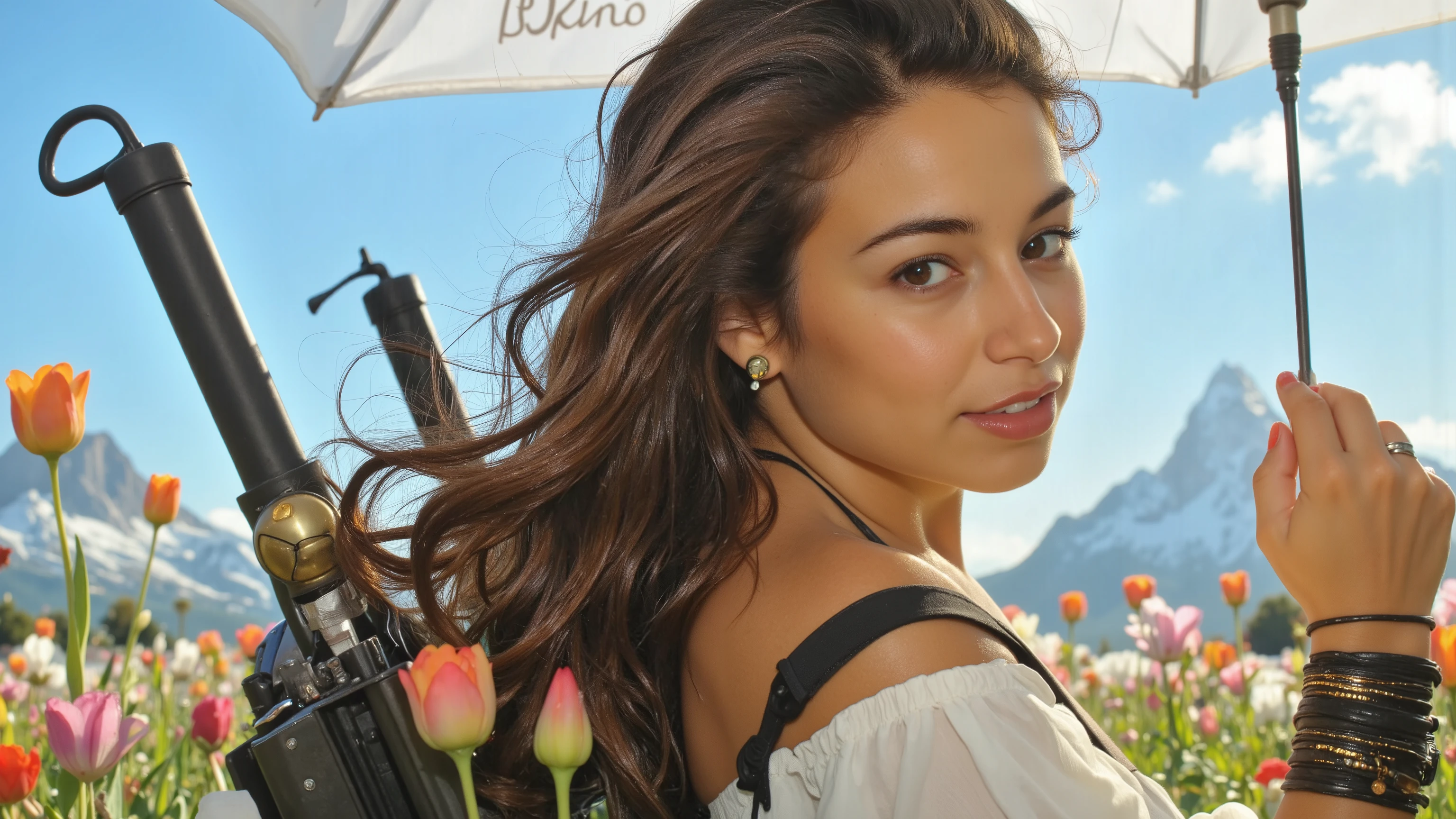 A breathtaking full-body photo of a stunning young woman, showcased in a side view from head to toes, lying amidst a picturesque flower field at the majestic Alps. Her long hair is styled with perfection, framing her toned physique. Muscular thighs, wide hips, and a plump yet perky derrière are accentuated by a slender waist. Highly defined body features and realistic skin, complete with visible pores, indentation, and a radiant shine, create an ultra-realistic visual experience. Her face is equally flawless, boasting perfect eyes, nose, and lips, while her hands and feet are precision-crafted for photorealism. She wears a striking spring-themed mountain uniform, complete with intricate jewellery: a slave collar cowbell, bracelets, armlets, earrings, and rings. The windy spring day adds drama to the scene, with the harsh sun casting dappled shadows across her athletic form. A blue sky, natural landscape, and 16K photorealism come together in this masterpiece, worthy of an award-winning DSLR shot.,