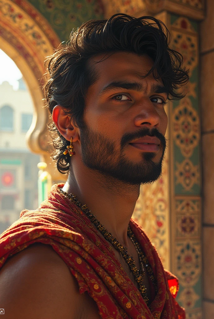 A handsome young man sitting wearing a turban, he is from ancient times.