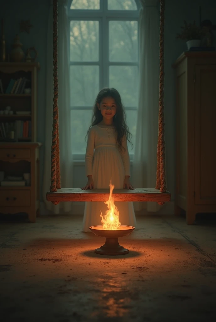 Full body view of an 8 year old girl performing a Satanic ritual to dedicate her soul to father Satan in a satanic temple