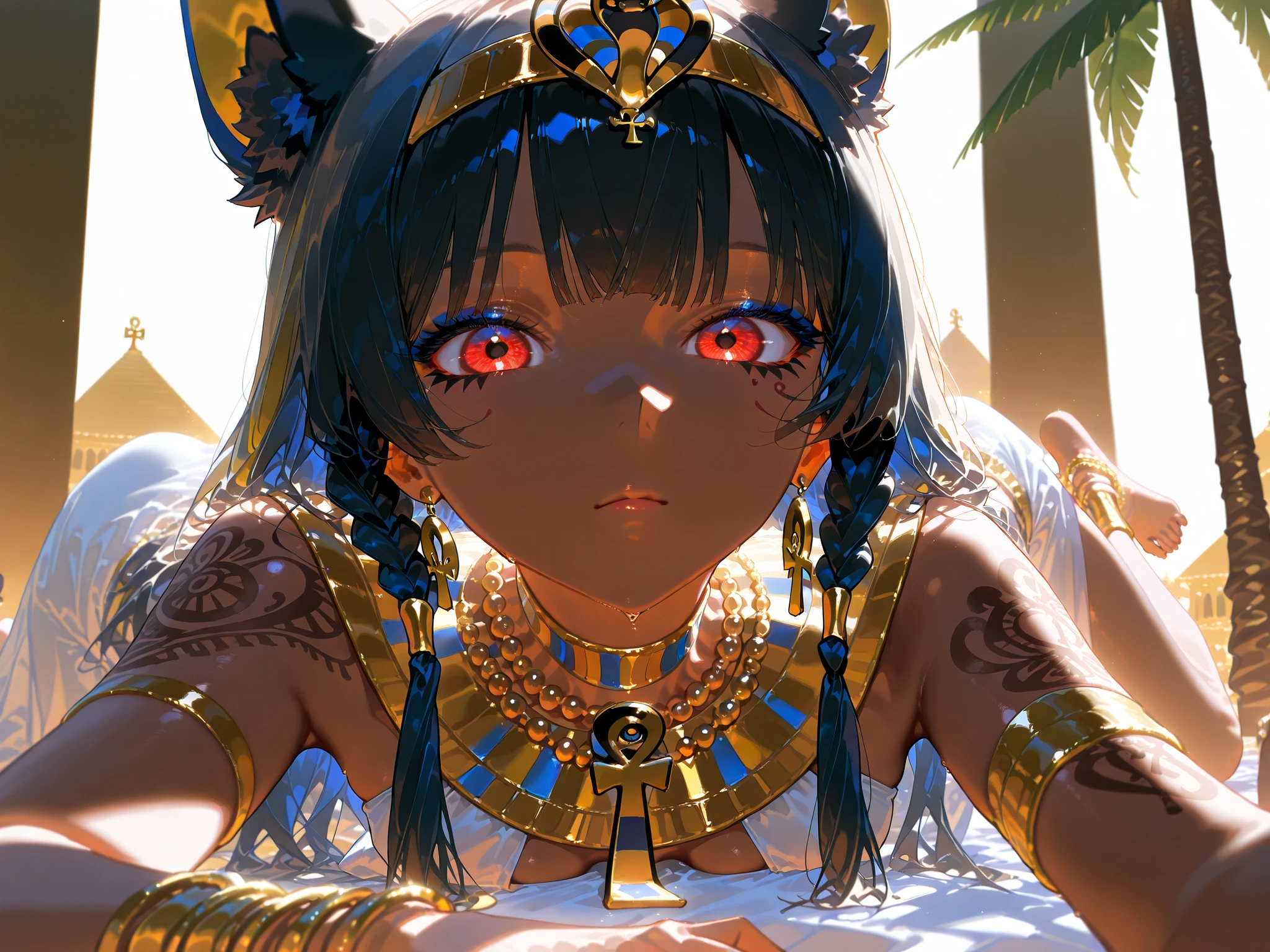 (High quality CT,4K,High resolution,main part:2.3),Very detailed,realistic:1.37,Best quality,masterpiece, high resolution,on_body, Tyndall effect,photorealistic, edge lighting, Two-color backlight,(high definition of skin:2.3), (8K UHD, DSLR quality, soft lighting, high quality, surround lighting, sincere, de 8K , 4k, 8K.) An Egyptian princess. A girl with an elegant slim build, a narrow waist, and small almost flat breasts. She has white skin with Egyptian tattoos. She has red eyes. She has Egyptian makeup: blue eye shadow, black Egyptian eyeliner. She has a black Egyptian square wig on her head, consisting of many braids decorated with gold beads. On her head she wears an Egyptian tiara with a snake and lotuses. She is wearing a white Egyptian tight Kalazaris dress. on her neck she has a wide collar consisting of many rows of gold beads made of colored Egyptian gold. She has ankh-shaped earrings in her ears. She has gold rings on each finger, and rows of gold bracelets on her wrists and ankles. She's barefoot. IN the background: an Egyptian temple surrounded by an oasis.blooming palm trees, blooming tropical flowers. Egyptian pyramids, desert.