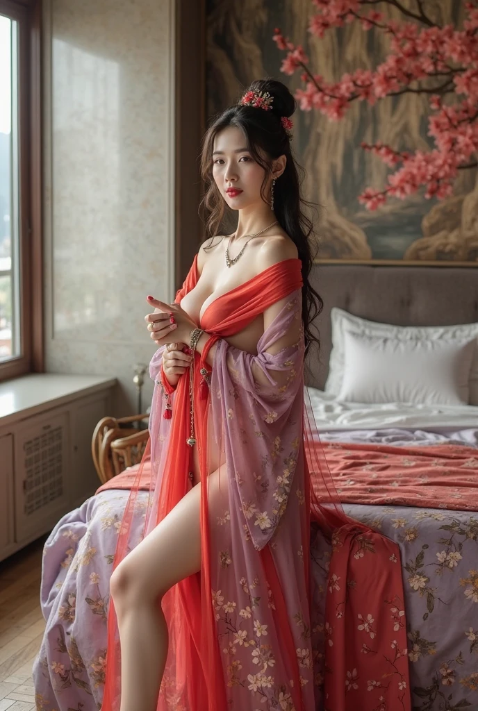 whole body, Big Breasts, Cleavage, background, Flowers, exposed, underwear, Hands behind, The right hand, Exquisite facial features, streaked hair, long hair, wavy hair, rimless eyewear, longeyelashes, mole under eye, earrings, makeup, shy, parted lips, happy, 85mm, super detail, high quality, accurate, highres