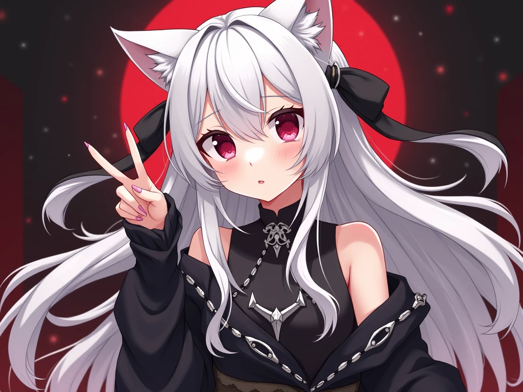 young girl with fox ears and five big, furry black tails. She has long hair that divides into two large locks at the end, the right side of her hair is white, while the other eye and the remaining half are black, pointy teeth, evil smile and eyes.