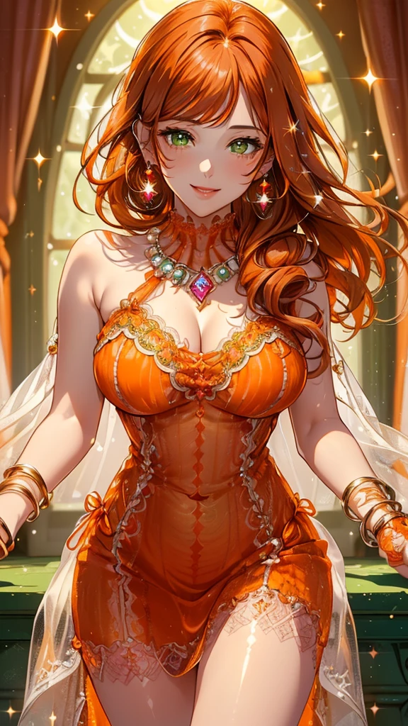 highest quality, ultra high resolution, super detailed, gorgeous, masterpiece, best quality, high resolution finely detailed, extremely beautiful, distinct image, glistening caramel brown skin, piercing golden eyes, curly fiery red hair, slender alluring older woman, 40 years old, elegant long empress dress, (((MILF))), 1 woman, solo, sharp facial features, empress like aura and majesty, symmetrical shaped face, fiery red lips, medium height(174cm), slender and thick, toned body type, Gothic modern city setting