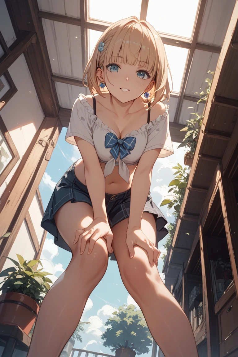 very cute and beautiful girl,(Very detailed美しい顔), (smile),blush,Black Hair,Seraphim,((Blonde、Short Hair)),(White Shirt、Pleated navy blue pread your legs、Squat)、Sitting、(From below)、(Lace panties), Country road, (Highest quality,masterpiece:1.0),Absurd,High resolution,Super detailed,Very detailed,32K,8k resolution, Intricate details,Movie Scenes,Detailed Background,alone,Dynamic Angle,