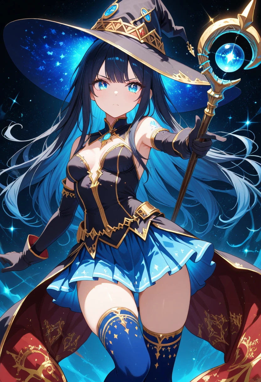 girl in a skyscraper in tokyo, neon, dynamic pose,grand position , dutch angle, 1 girl,witch hat,blue hair,very long hair,twin blade,hair ribbon,blue eyes,brown cloak, wearing a black high-leg swimsuit,