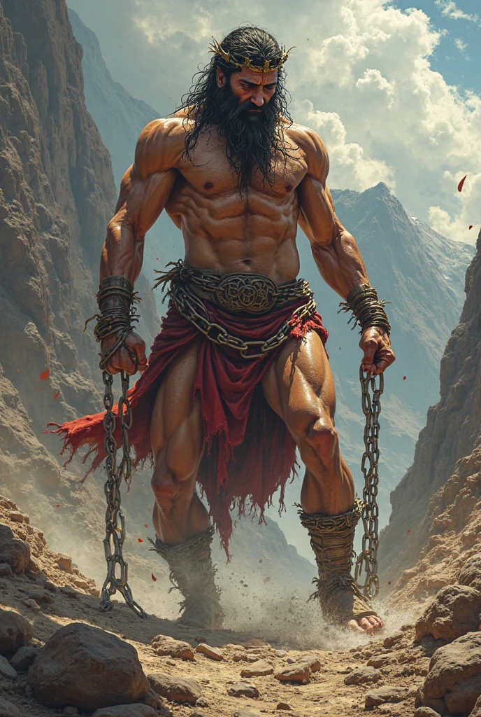 Muscular Samson with wrist chains on temple pillars with eye band, laine color p & b