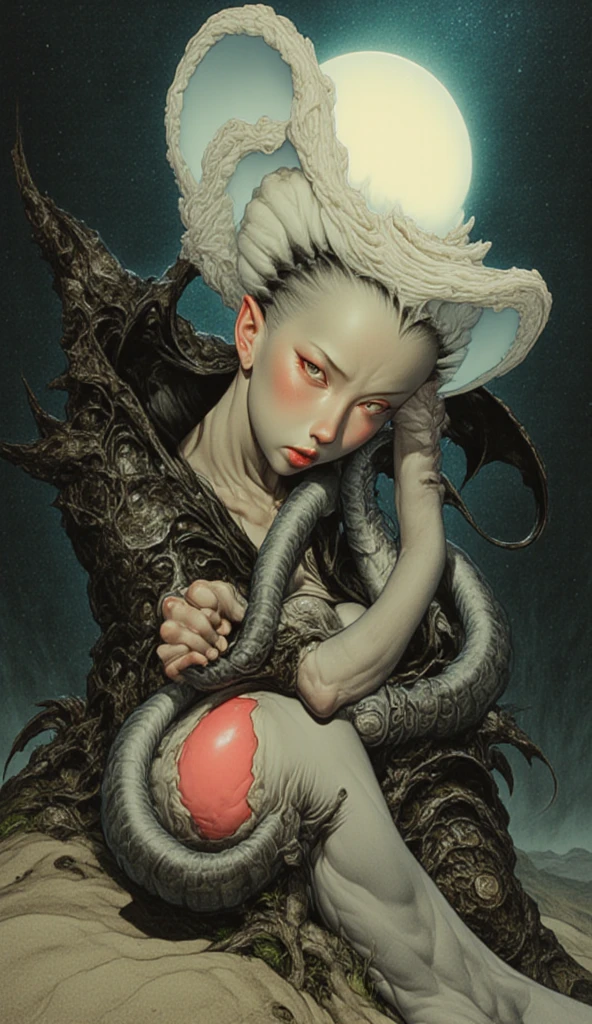 ((Best quality)), ((masterpiece)), (detailed: 1.4), (Absurd), Spawn woman, reborn from hell with several small demons and skeletons at her feet, beautiful, red hair, long shed with her legs out, crown with two long ciphers, full body, perfect body, generous neckline, hellish scene
