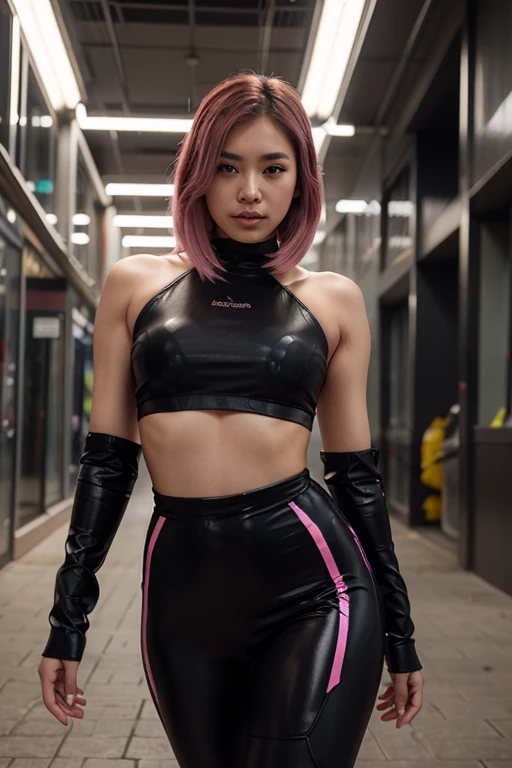 arafed woman Indian in open long pony pink hair wearing black crop top and black gown standing in farm holding a black kitten on her shoulder , ross tran 8 k, smooth pink skin, alena aenami and artgerm, some pink, seductive anime girl, 8k high quality detailed art, badass anime 8 k, photorealistic anime girl render, thicc, girl, beautiful alluring anime woman, 3 d anime realistic