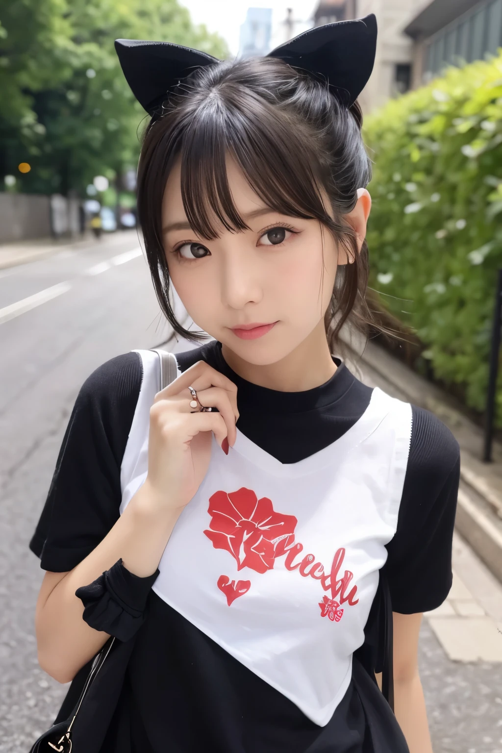 School trip、Cute high school student、masterpiece, ultra detailed, hyper detailed, insanely detailed, detailed, high quality, best quality, exquisite, beautiful, woman, shy, wink, making a V sign, looking at viewer, black hair, big eyes, slant eyes, wide-eyed, heterochromia, with heart-shaped pupils, wheatish skin, skirt, choker, with a tattoo, piercing, beauty mark, freckles, blush, nail polish, long hair, twintail, very long hair, long hair, twintails, spiked hair, flipped hair, ahoge, shiny hair, wavy hair