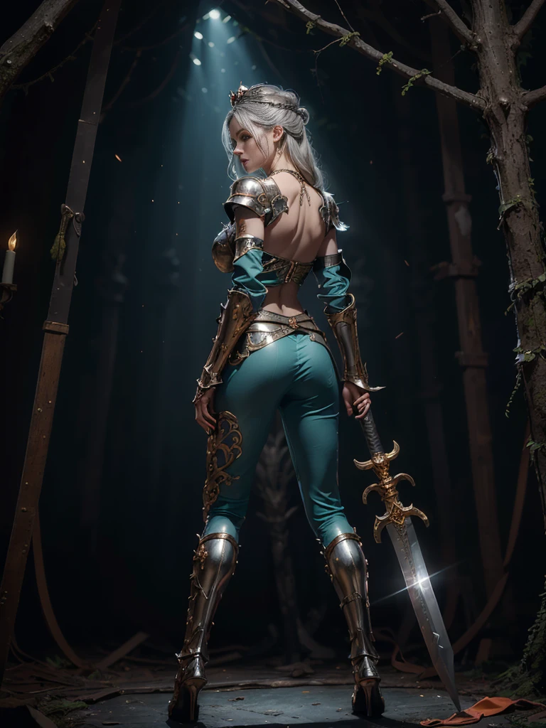 tall beautiful and strong female cloud  giant with grey white hair in a ponytail and large spear, dark tattoos and revealing leather armour, castle background with good sunlight lying on her back with legs spread wide