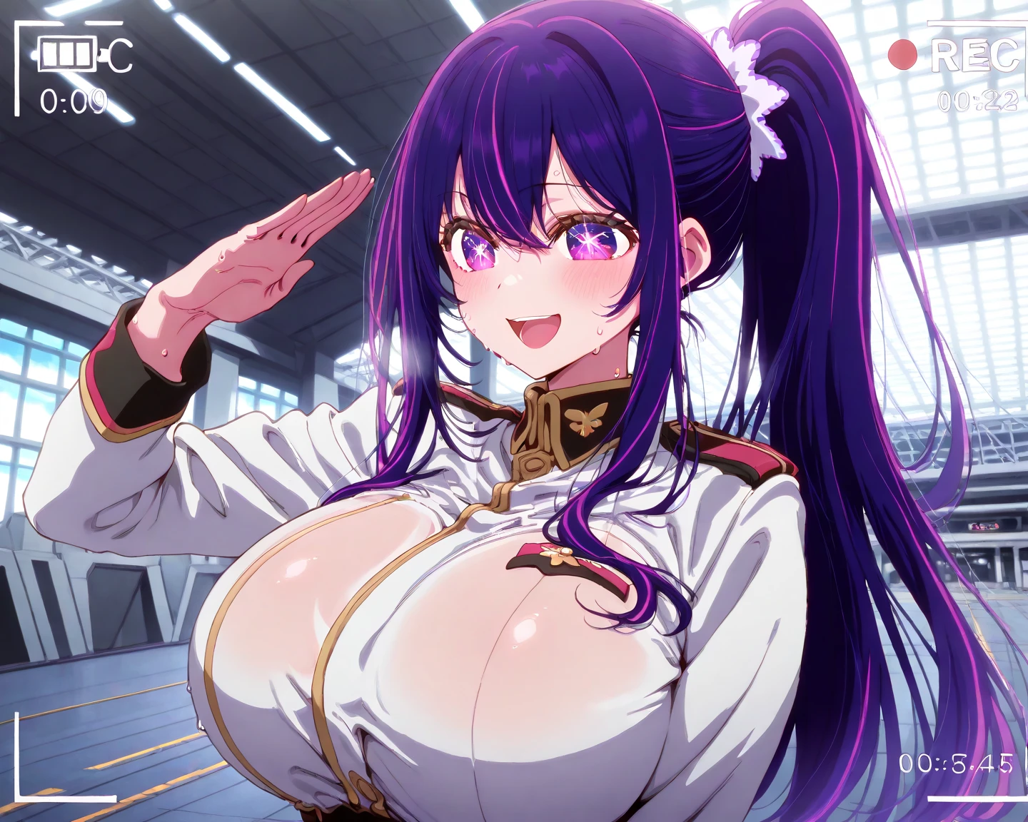((close、16k、highest quality、high detail、Rich skin details, nffsw, huge breasts、low length)), Sweat, , ((NSFW、Navy Blue Sci-Fi Suit、open shirt)),cyborg girl、put your hands on your hips、reddish purple hair、yellow eyes、(((((short bangs)))))、amount、(((dull bangs、long ponytail))), ((blush))、(wide hips)、:d、((((embarrassing))))、((Sci-fi battleship hangar))