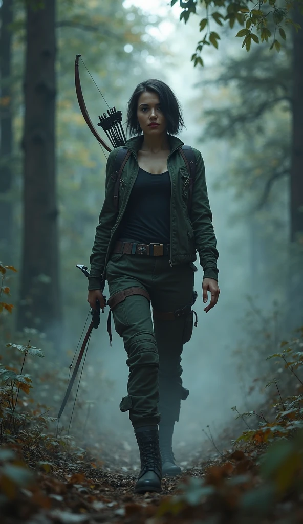 Addison Carver, Anastasia Baranova, Teen Wolf, girl, 20 years old, short messy red hair, slim muscular build, blue eyes, military vest, black short sleeve shirt, dark black, black hunter belt, light brown combat boots , hanging crow, black fingerless gloves forest background with fog