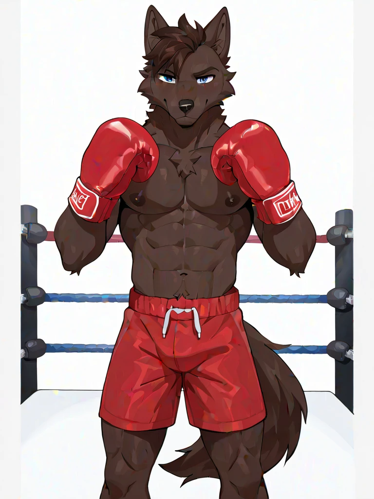 Detailed picture of a confident male anthro, (wild boar, dark gray fur, lean body) in a boxing ring, trending on Art Station, Ross Tran, ruan jia, foxovh, ((standing victorious, toothy smile, sweating, wearing gold shorts, ((boxing gloves,)) (((dynamic lighting,)))