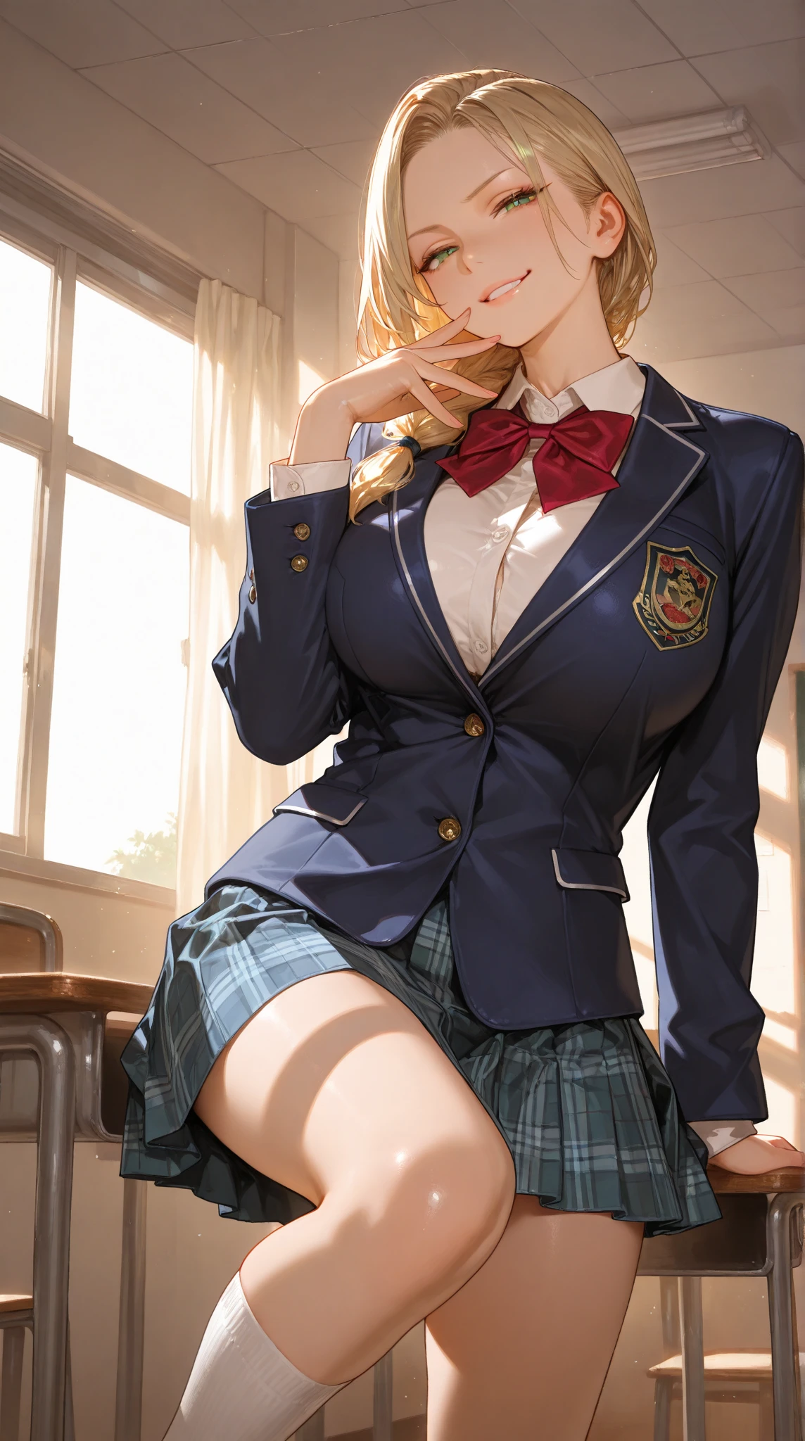 #Basics A girl is posing for a photo, animeのかわいい女の子, (((One Girl, Baby Face, 16 years old))),
BREAK
#Clothing Accessories
((Navy blue with red trim)blazer + White collared shirt + (White check pattern on red)Pleated skirt + Red tie + Navy blue knee socks + Black Loafers),
((Golden hoop earrings)),
BREAK
#Features
(Blonde:1.4, Chest-length sideburns, Twin tails : Hair blowing in the wind + Short Hair + Curly hair + Red scrunchie),
(Droopy eyes,blue eyes), (Small breasts),
BREAK
#expression
(Embarrassing, blush),
#background environment
((noon + classroom:1.4 + Window + Sunshine)),
#composition
(Face the viewer:1.4, from below:1.4, Dynamic Pose, Cowboy Shot:1.4),
BREAK
#Body parts elements
(Beautiful Hair,Shiny Hair),
(double eyelid, Long eyelashes),
(Expression of fine eyes, Beautiful and delicate eyes, Sparkling eyes, Eye Reflexes),
(Human Ear),
(Beautiful Nose, Thin Nose),
(Glossy lips, Beautiful Lips, Thick lips), (Symmetrical facial features),
(Detailed skin, Textured skin, Beautiful Skin),
BREAK
#Quality
(((highest quality)), ((masterpiece)), ((Very detailed))), ((High resolution), (16k,1080p)),
(Realistic), (Anatomically correct),
((comics, anime)), (3DCG), CG illustration,