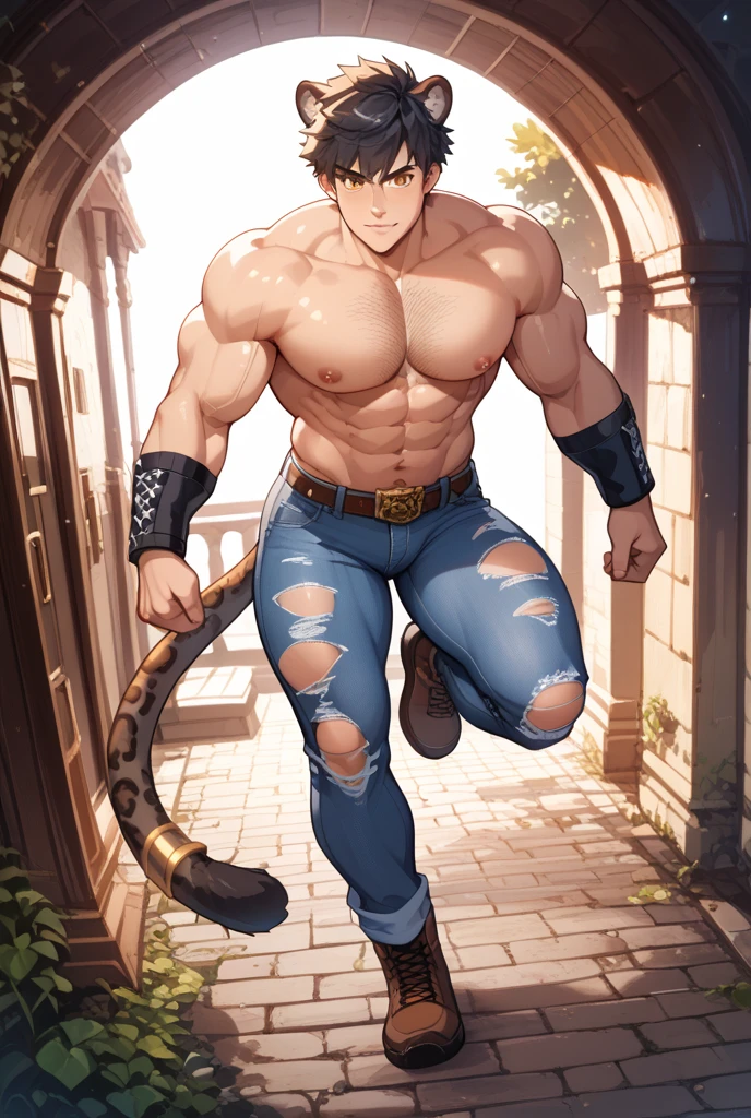 ((Satoru Gojo sorcerer and demon marryer)) ((Smug smile)) ((shirtless)) ((Tall and muscular)) ((sitting on a chair with legs spread)) ((Skinny jeans)) 