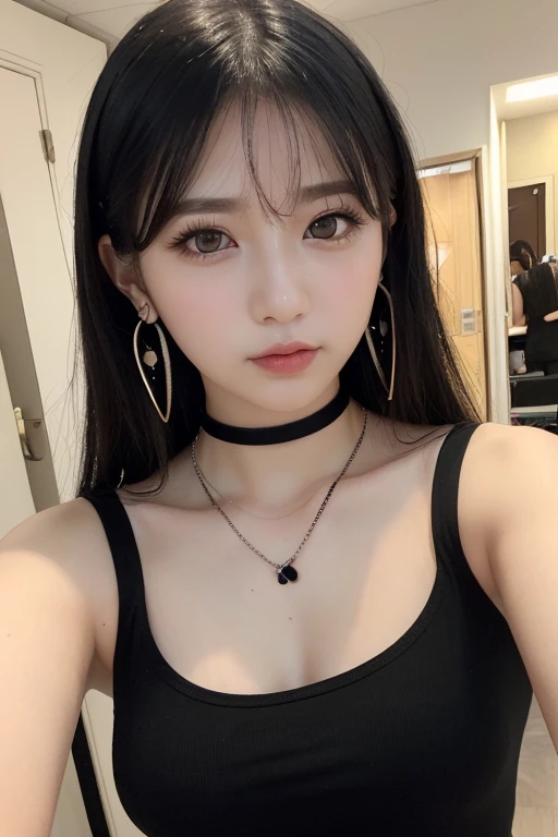 (Best Quality, 8K, 32K, Masterpiece, Ultra HD: 1.2), (K-Pop Idol: 1.3), 1 Girl, (Large: 1.2), (Longhair), Abs, Perfect Figure, Ultra Slender Face, Delicate Lips, Beautiful Eyes Double eyelids ((black crop top)) (pony) (Extremely normal body)1 Elf beauty,(Elf long ears),Short silver-white hair,Half-tied ponytail。
