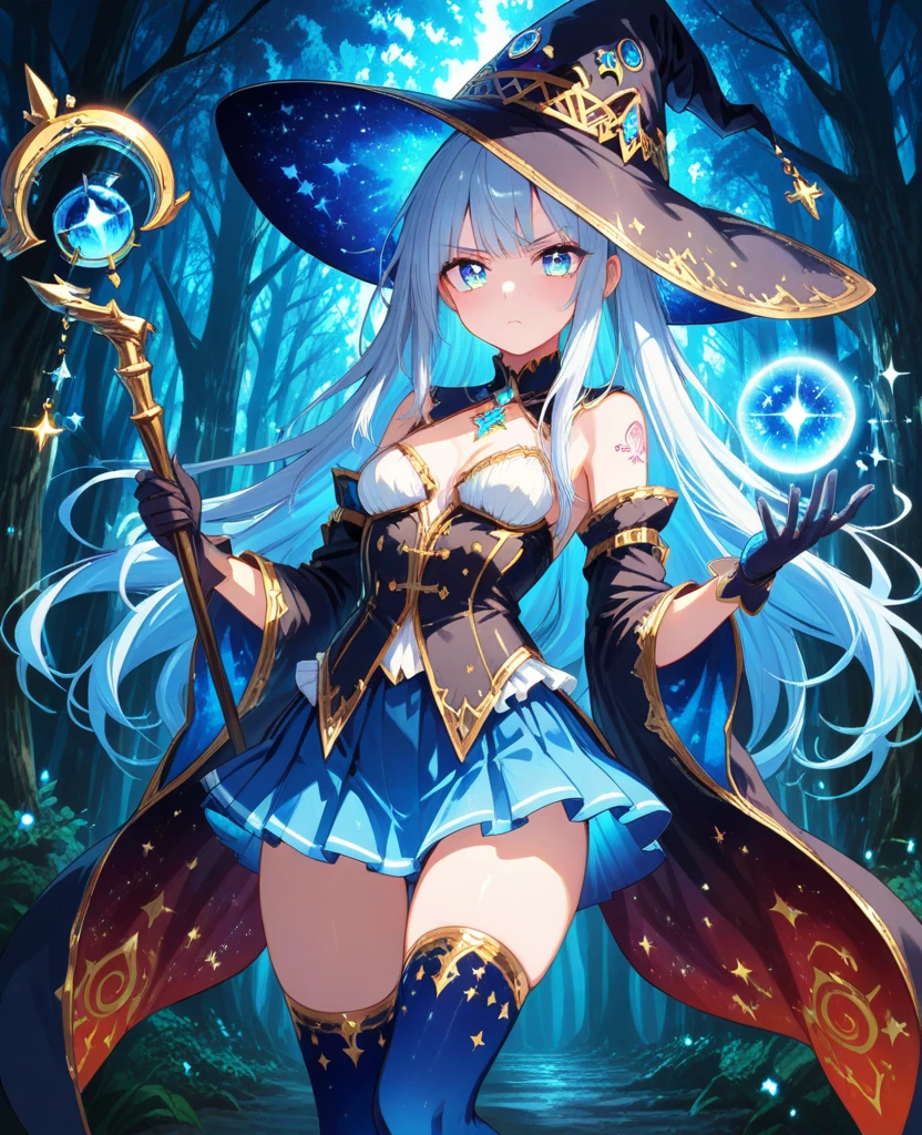 best quality, highres, 1girl, elf, witch hat, floating in space, energy sphere, light particles, shiny hair, shining stars, fantasy,