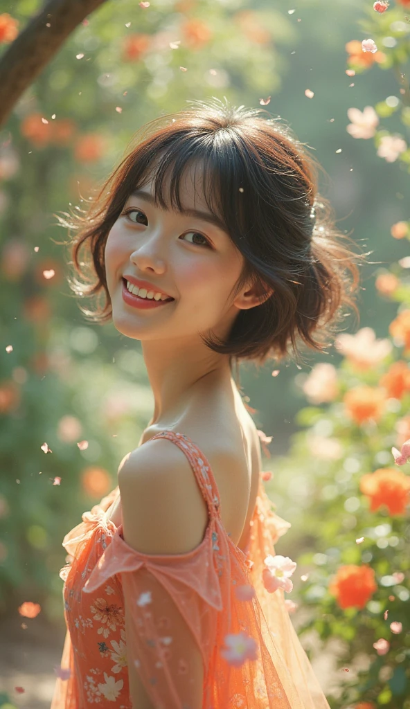 masterpiece, highest quality, disorganized, perfect anatomy, 1 girl, alone, pascal tales, short hair, beautiful, Hilarious, sunny day, botanical garden, Summer winds, sundress, Floral, wavy hair, smile