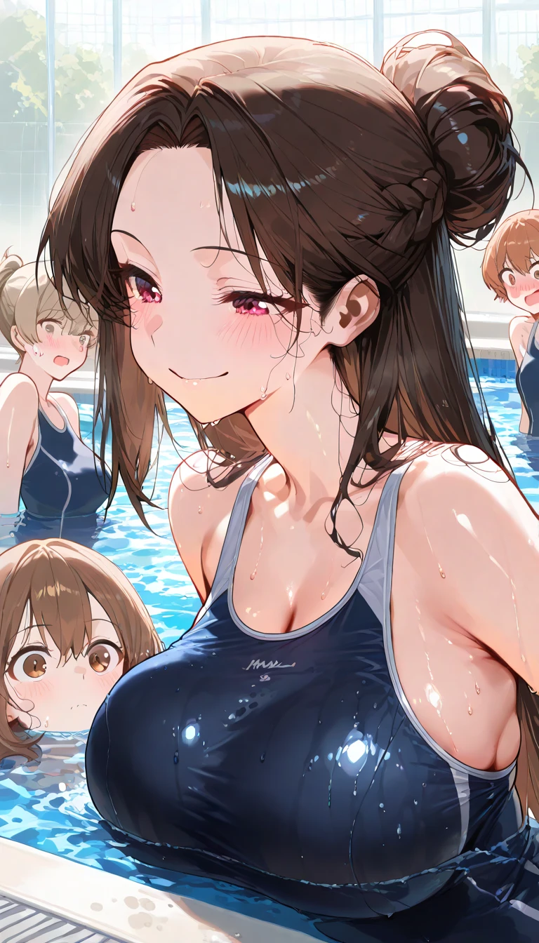 Highest quality、High resolution、Detailed Background、(Beautiful face in every detail:1.4)、Detailed facial expressions、(Detailed eyes:1.2)、age beauty、Light color hair、Braided Ponytail、Braided bob cut、(A wet and shiny navy blue school swimsuit)、(Huge breasts:1.2)、Perfect body line、
(Three beautiful girls in school swimsuits having fun in the school pool:1.5)、
A big smile、Laughing with your mouth open、My whole body is wet、My hair is wet too、A fun atmosphere、Embrace each other、Cute gestures、Accentuate your breasts、cute