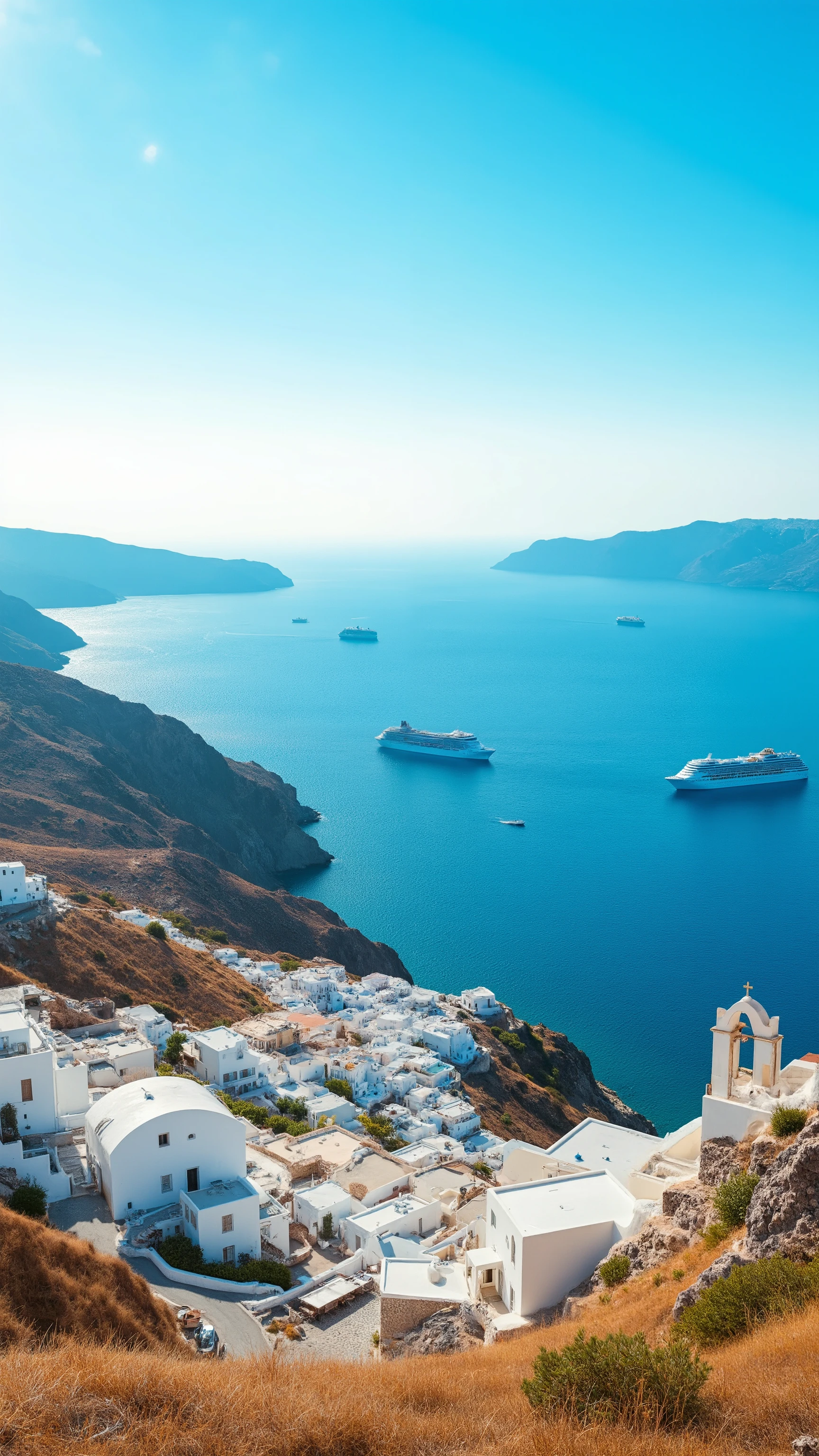 highdefinition images、white houses spread out on the slopes of the mountains on the Greek coastline and can be seen beautifully、there are several cruisers sailing in the ocean、seen from a yacht、The color of the clear blue ocean、Panoramic image。