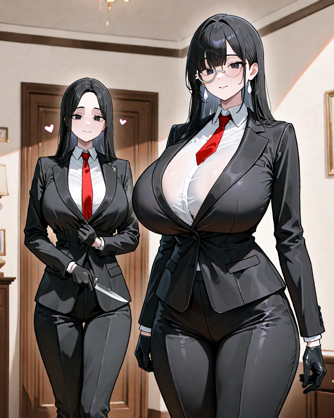  a woman sexy attractive beautiful beautiful beauty tenderness cute happy smiling black hair shiny short circular cut her blue eye eyelash slim black pink lip she dresses office suit Black metallic long sleeve under white shirt button on golden belt waist and her big red thong thighs sensual big boot bright red gloves red 
