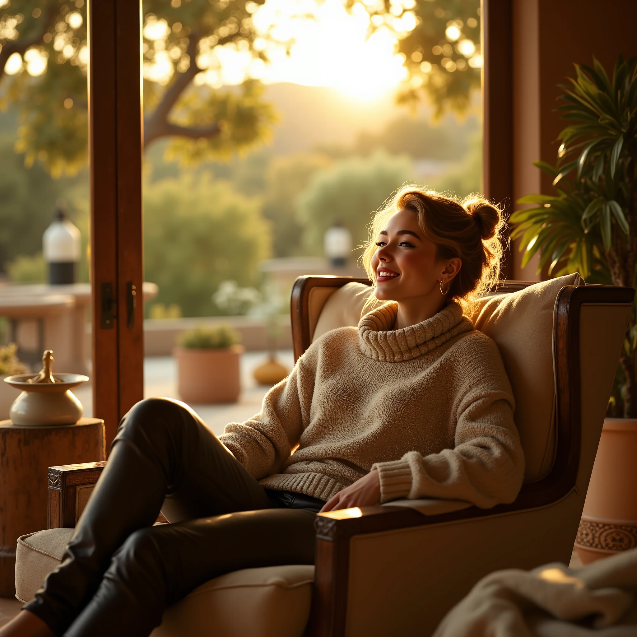 woman wearing a cowl neck sweater and leather pants, sitting in her fully stocked spanish villa, sunshine, godrays