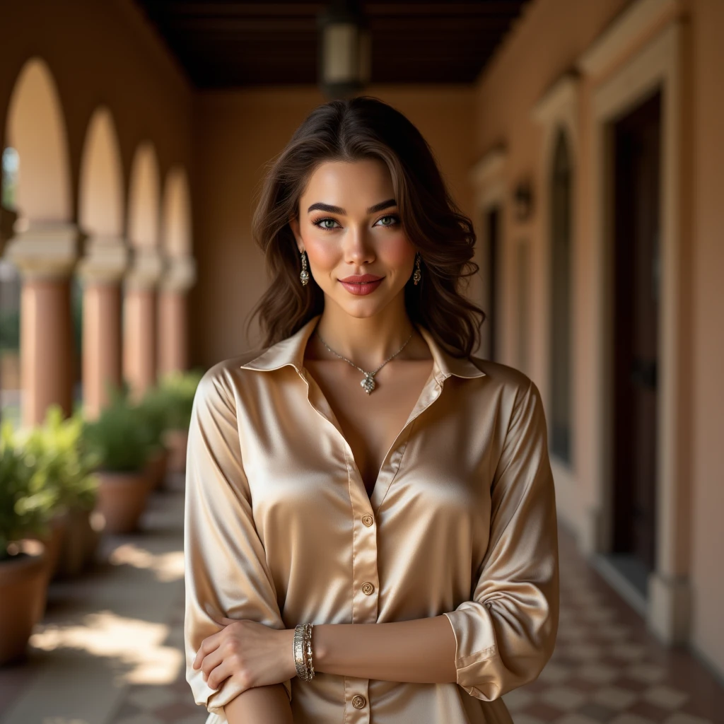 Half-length glamour portrait, nikon D850, f1.6 lens, 200mm, DSLR, 22 Megapixels, (((Outside villa scene))), shot of a stunning 20 years old portuguese girl, (smile:1.4), (wearing brown Pantsuit set with Vivid orange silk blouse:1.6), ((seductive pose)), hot girl, (((big natural breasts))), (((brown ponytail hair))), (small girl), symmetrical face, photorealistic, photography, (bright natural lighting), gorgeous, deep cleavage, (masterpiece), best quality, high resolution, extremely detailed, cinematic lighting, (((very narrow waist))), rich colors, hyper realistic, lifelike texture, ((jewelry)), (((She has beautiful hands and wears rings))), (bracelet), (necklace), (ankle chain), (nail polish) (earrings), Fuji Superia 200, 8k
