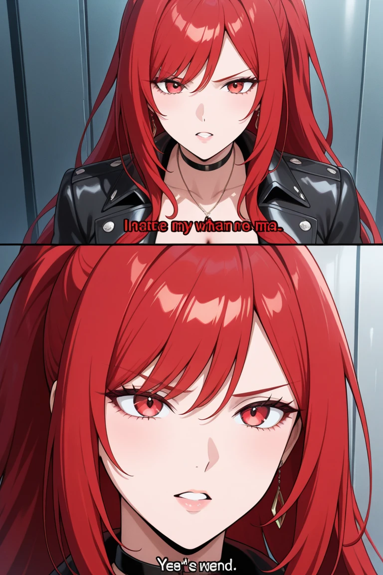 a red-haired woman,  an anime character, attired in a skin-tight shiny black latex leather catsuit that features a low neckline revealing a large chest. She sits on a chair with a serious expression on her face. The background is dark, creating a stark contrast with her brighter-colored hair.