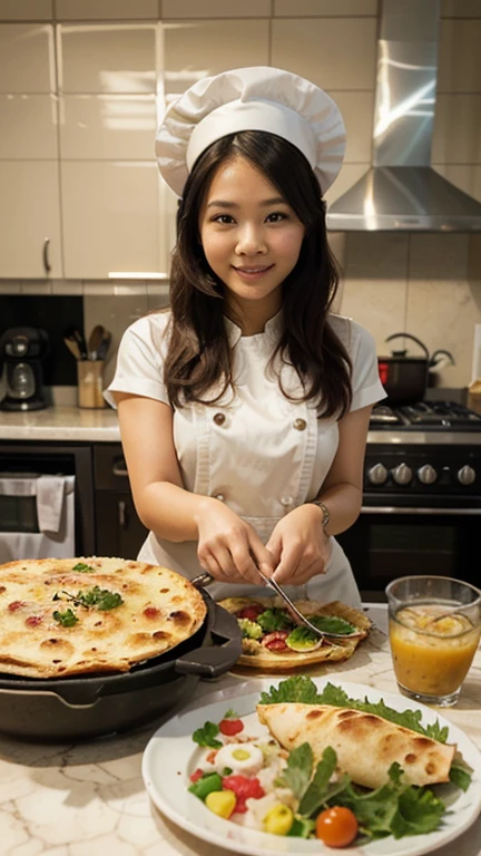 (highres,masterpiece:1.2),ultra-detailed,realistic,photorealistic:1.37,beautiful detailed eyes,beautiful detailed lips,extremely detailed eyes and face,long eyelashes,1girl,cooking,traditional kitchen,wooden stove,flames,apron,chef hat,focused expression,steam,cookbook,spices,sliced vegetables,whisking,smell of delicious food,preparing a feast,culinary art,delicious aromas,creamyy cheese sauce,steaming pots and pans,prep table,wholesome ingredients,elaborate dish presentation,plating,table setting,appetizing colors,culinary masterclass,love for cooking,passion,aroma-filled kitchen,dinner in progress,culinary journey,creating a masterpiece