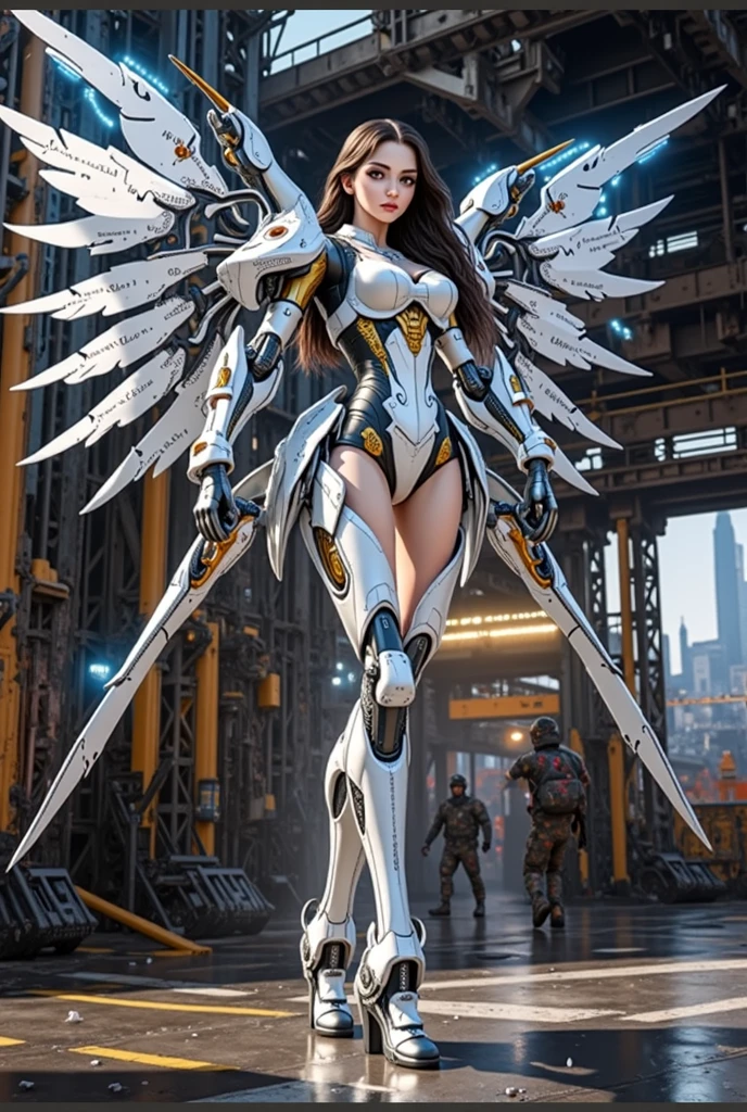 highest quality、masterpiece、Super high resolution、(Photoreal:1.4)、RAW photo、Cyborg Angel、large metal wings、white porcelain body、gray hair、glowing skin、1 cyborg girl、((Super realistic details))、Portrait、global illumination、Shadow、octane rendering、8K、super sharp、character edge light,big breasts、The bare skin of the cleavage is exposed、intricate decorative details、Detailed hydraulic cylinders from Sumer、small led lamp、very intricate details、realistic light、purple eyes、shining eyes、towards the camera、neon details、cowboy shot、futuristic headgear、About Cyberpunk、、